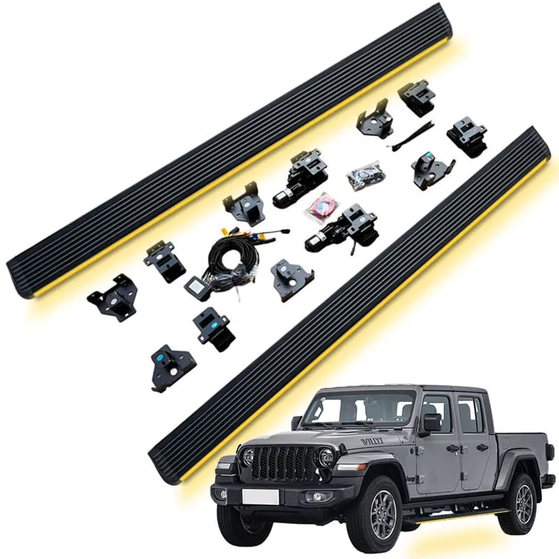 Complete kit of electric jeep gladiator running boards with motors, brackets, wiring harness, and a Jeep Gladiator truck illustration.