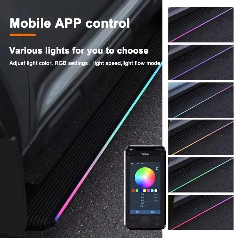 Mobile app interface controlling custom LED lighting modes and colors on jeep gladiator running boards.