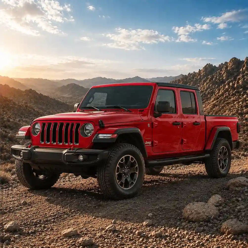 Red Jeep Gladiator truck fitted with durable jeep running boards