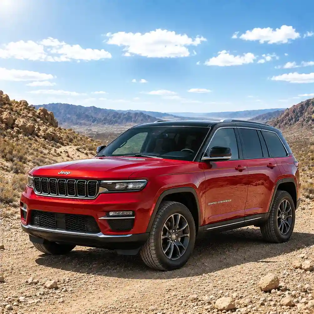 Red Jeep Grand Cherokee SUV with OE style jeep running boards