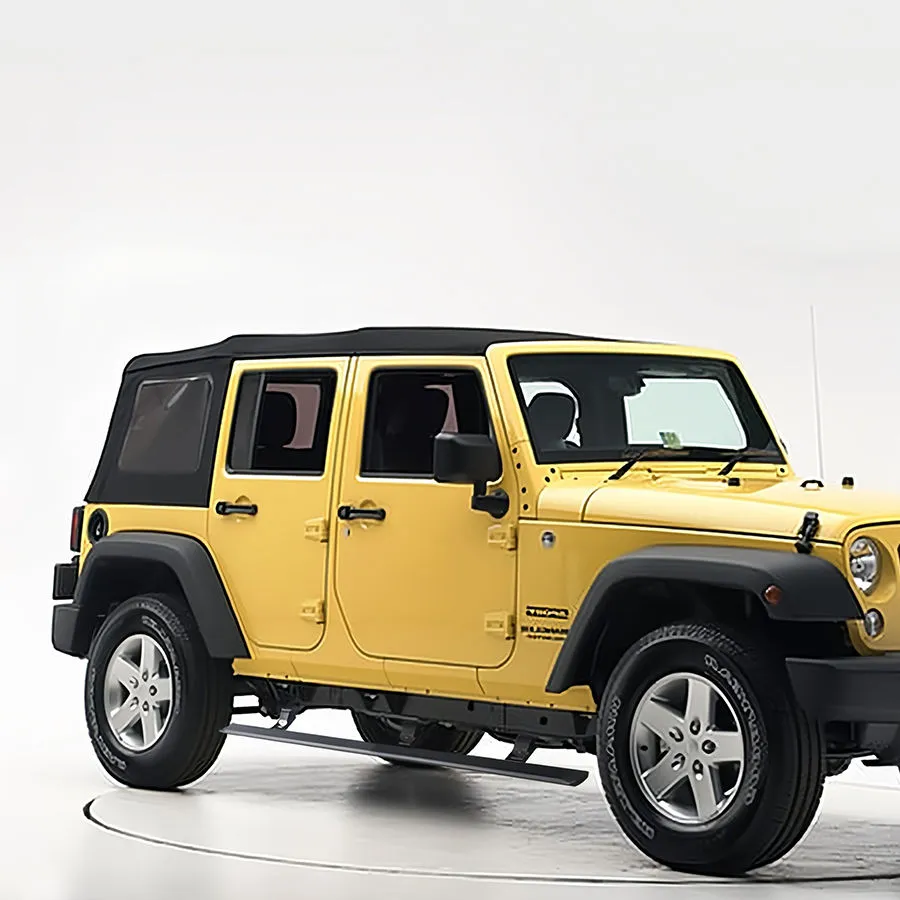 Rear three-quarter view of yellow Jeep Wrangler JK equipped with automatic jeep jk running boards