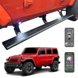 Electric power jeep jl running boards with integrated LED lights and smartphone app control on a red Wrangler Rubicon