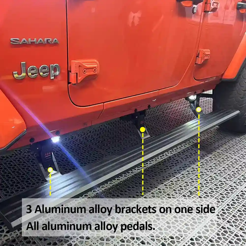 Jeep power side steps with 3 aluminum alloy brackets on one side and all aluminum alloy pedals for off-road durability