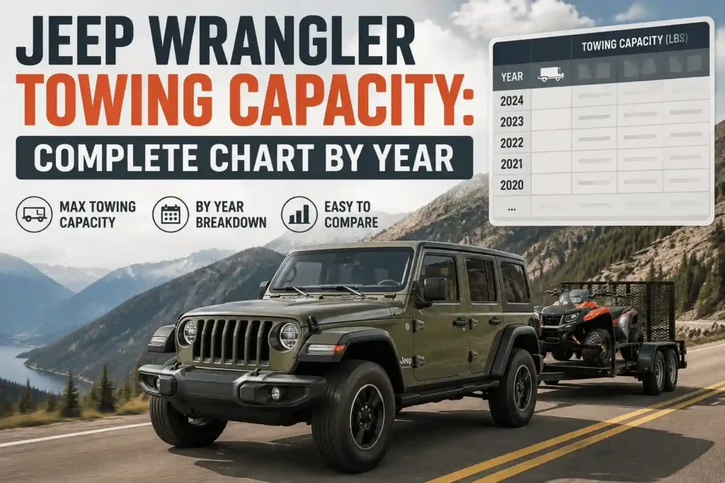 Green Jeep Wrangler towing an ATV on a mountain road, featured alongside a complete year-by-year data chart for jeep wrangler towing capacity.