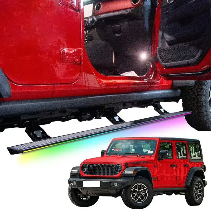 Red Jeep Wrangler Rubicon with open door and power running boards, illustrating jeep wrangler towing capacity.