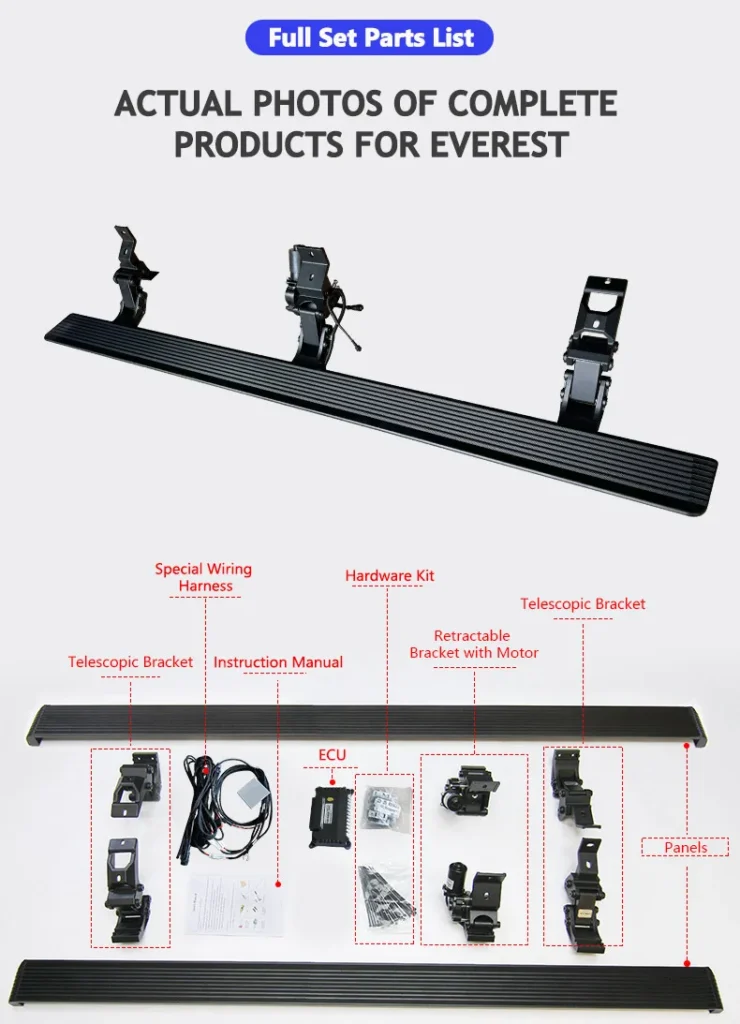 Full set parts list of max electric side steps for Everest including telescopic brackets, retractable motor brackets, ECU, wiring harness, hardware kit, panels, and instruction manual.