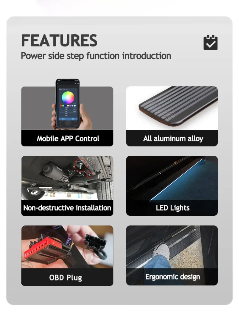 Features of max electric side steps including mobile APP control, all aluminum alloy build, non-destructive installation, LED lights, OBD plug, and ergonomic design.