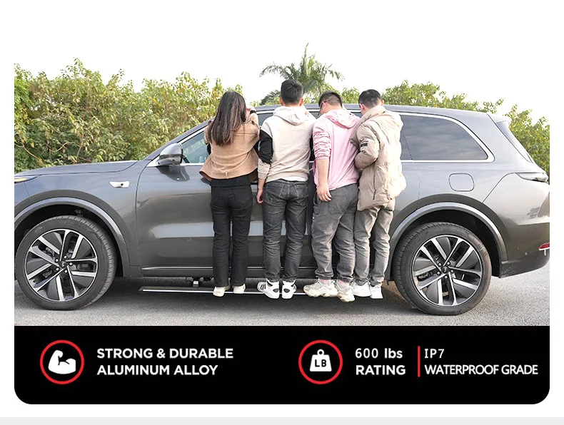 Four adults standing on max electric side steps demonstrating strong and durable aluminum alloy construction with 600 lbs rating and IP7 waterproof grade.