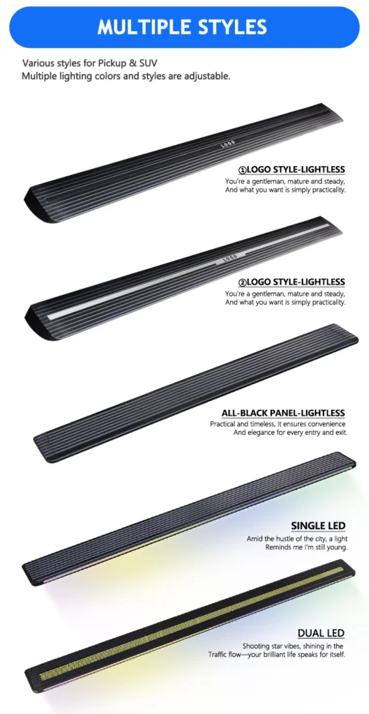 Multiple styles of max electric side steps showing logo style lightless, all-black panel lightless, single LED, and dual LED lighting options for pickup and SUV.