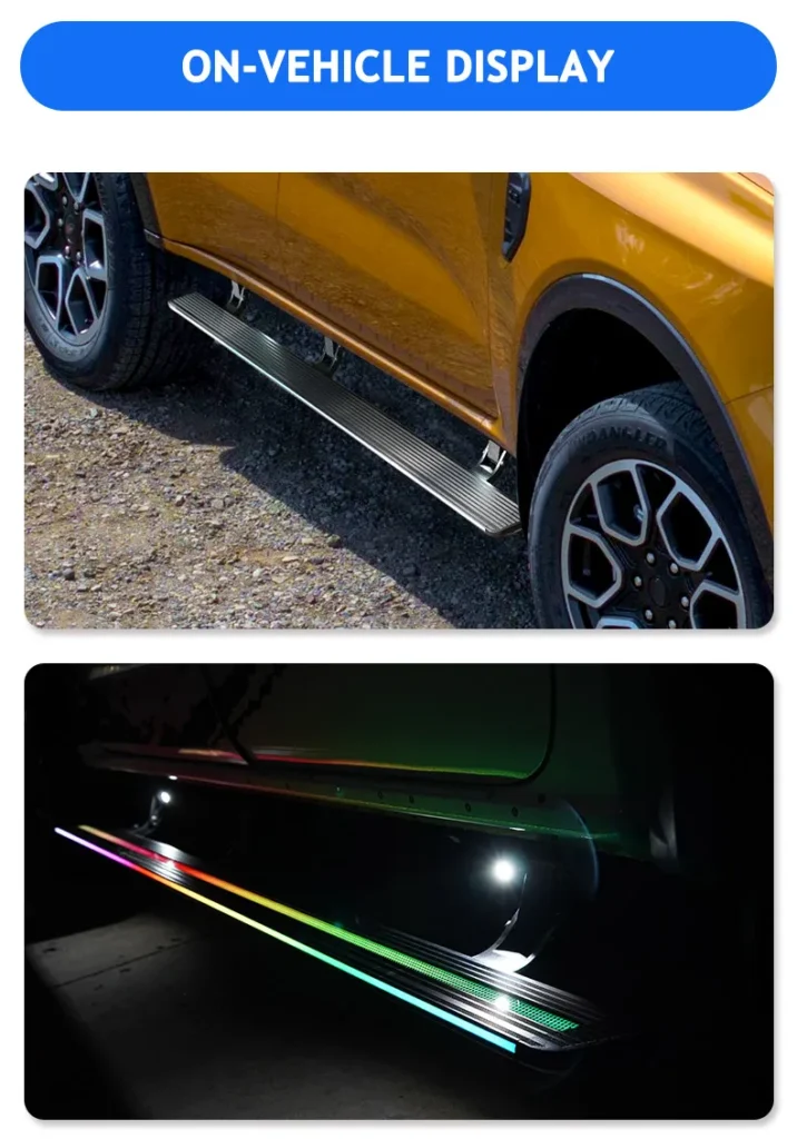 On-vehicle display of max electric side steps showing daytime aluminum running board on a yellow SUV and nighttime RGB LED illuminated step.