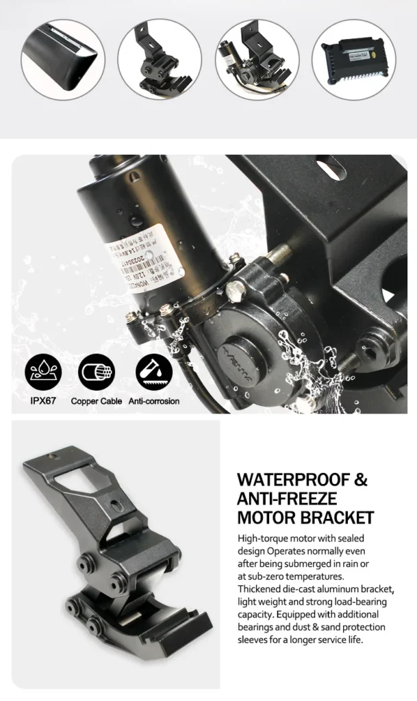 Close-up of max electric side steps waterproof and anti-freeze motor bracket with IPX67 rating, copper cable, and anti-corrosion die-cast aluminum construction.