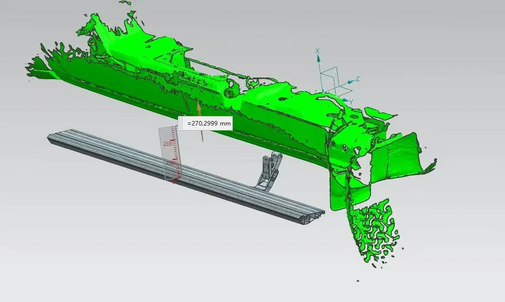 3D measurement of the Max Running Boards showing a maximum drop of 270mm, highlighting the superior lowering distance compared to AMP Research in a digital CAD environment.