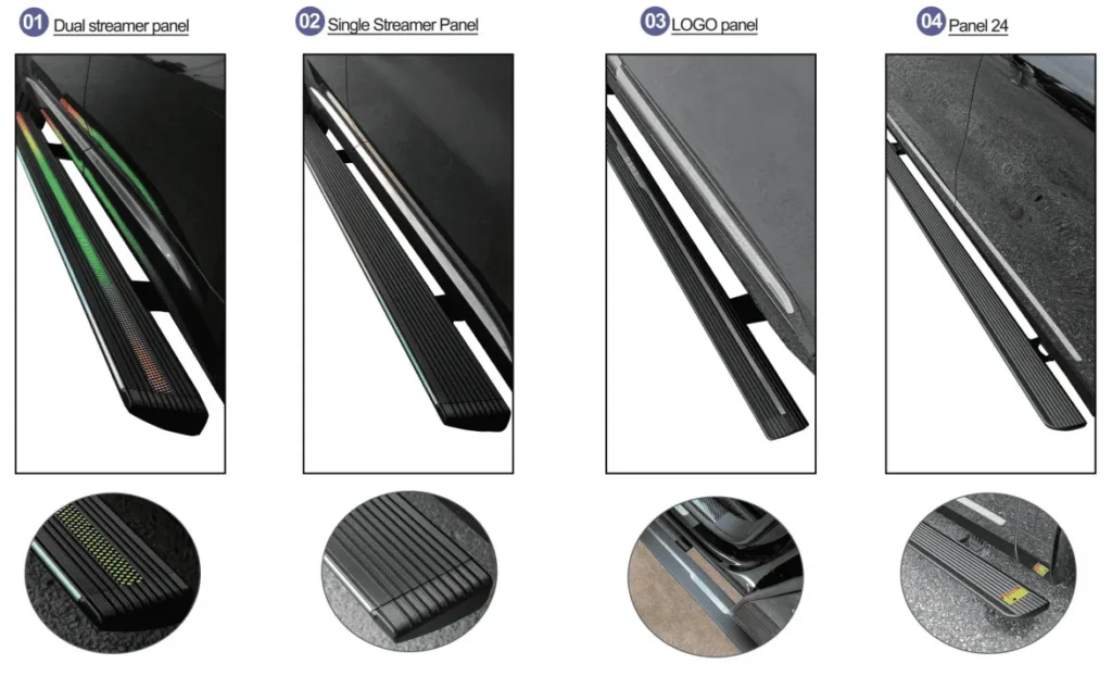 Max Running Boards electric running boards four-panel design showcase featuring dual streamer panel, single streamer panel, logo embossed panel, and panel 24 classic textured surface for SUV and truck side steps.