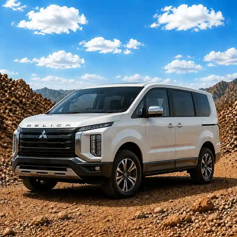 White Mitsubishi Delica MPV van equipped with passenger-friendly Mitsubishi running boards in an outdoor off-road environment.