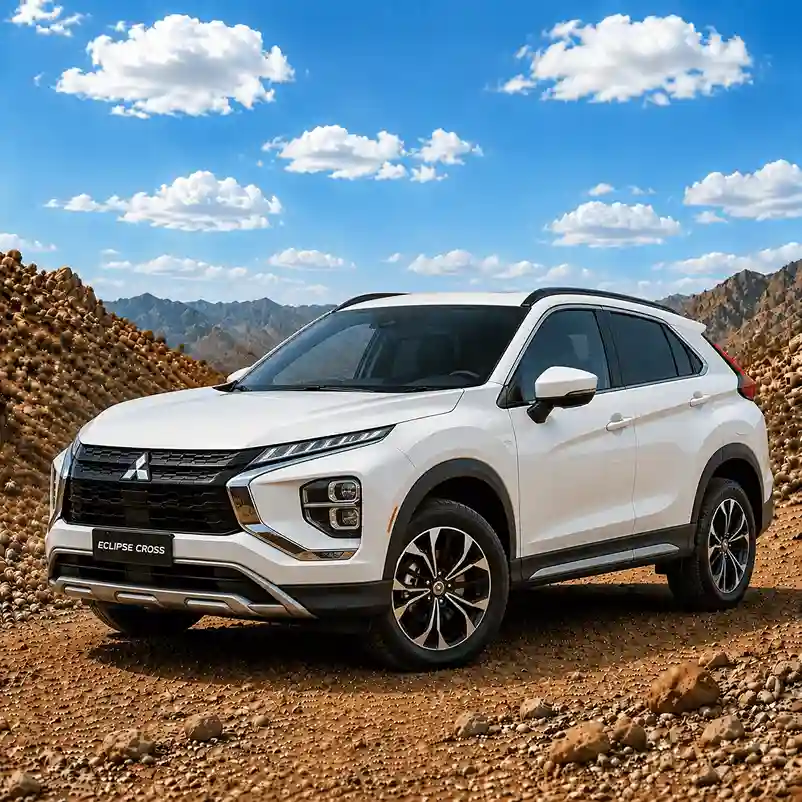 White Mitsubishi Eclipse Cross compact SUV equipped with modern Mitsubishi running boards against a scenic mountain backdrop.