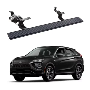 Complete motorized running boards kit with brackets and motor, paired with a black Mitsubishi Outlander.