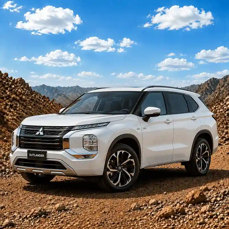White Mitsubishi Outlander SUV featuring sleek Mitsubishi running boards parked on a rocky desert terrain under a blue sky.