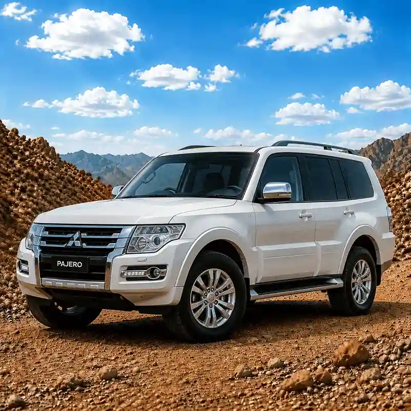 White Mitsubishi Pajero off-road SUV with rugged heavy-duty Mitsubishi running boards and chrome accents in the wilderness.
