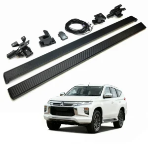 Complete set of electric Mitsubishi Pajero Side Steps including running boards, electronic control box, wire harness, and heavy-duty brackets.