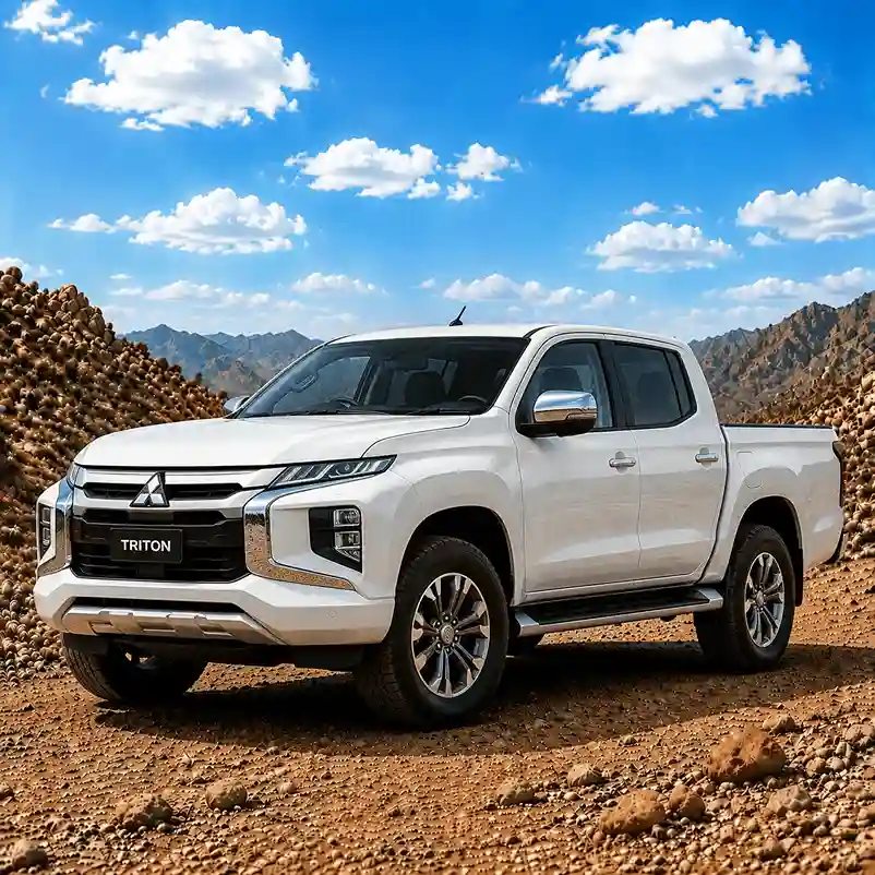 White Mitsubishi Triton pickup truck showing durable side steps and Mitsubishi running boards on a dusty gravel path.