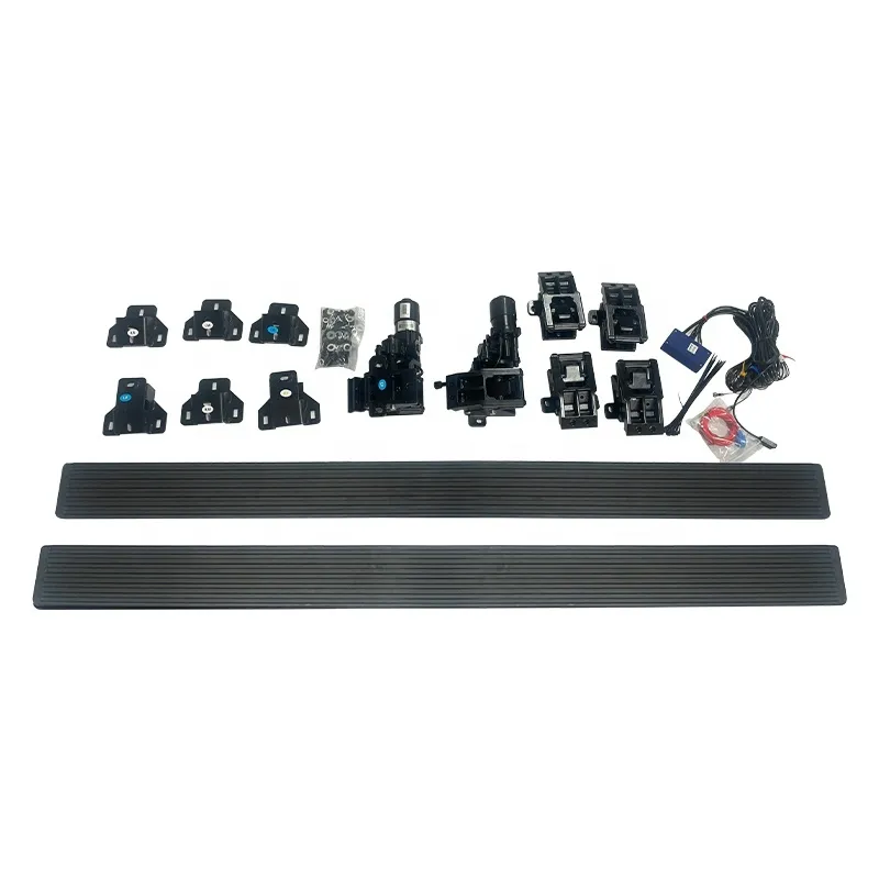 Complete assembly kit for Nissan Frontier Running Boards including aluminum steps, mounting brackets, motors, and wiring harness.