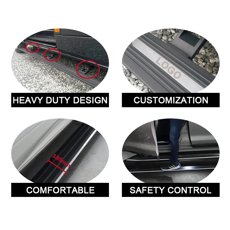 Four-panel display highlighting heavy-duty design, logo customization, comfortable step width, and safety control features of Nissan Frontier Running Boards.