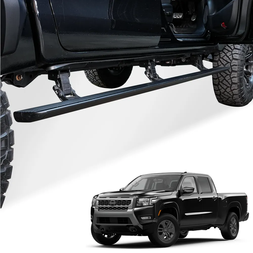 Side profile view of a black pickup truck equipped with deployed motorized Nissan Frontier Running Boards.