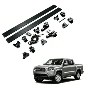Full set of electric Nissan Frontier Running Boards paired with a silver pickup truck for visual demonstration.
