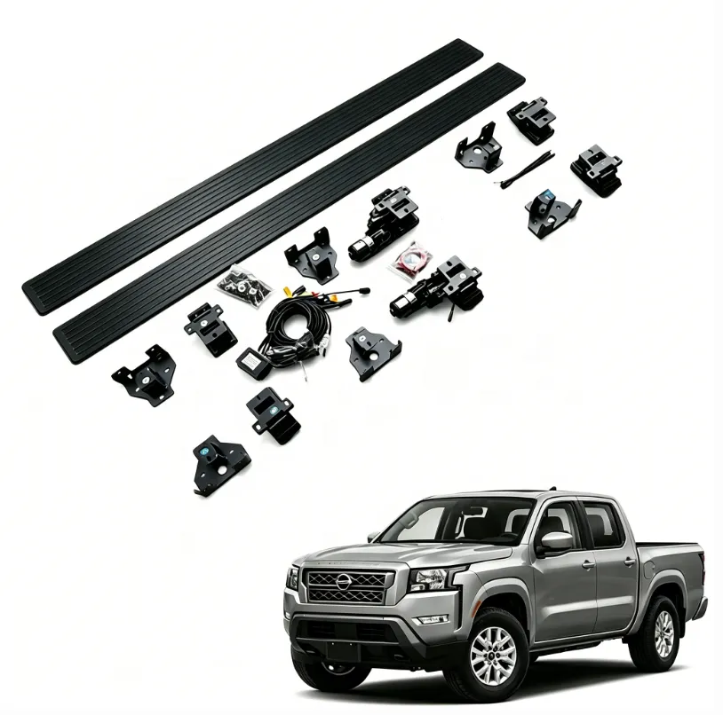 Full set of electric Nissan Frontier Running Boards paired with a silver pickup truck for visual demonstration.