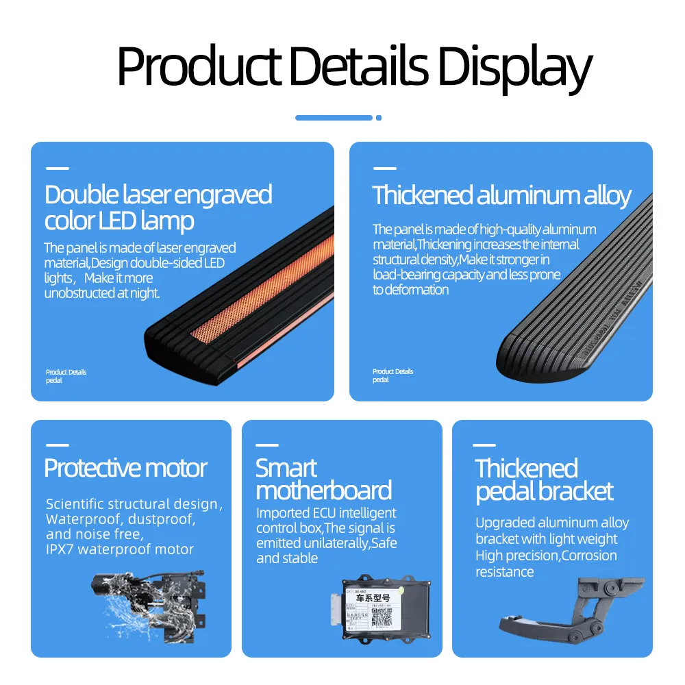 Detailed graphic showcasing the key product features of Nissan Frontier Running Boards such as double laser-engraved LED lamps, thickened aluminum alloy, waterproof motor, and smart motherboard.