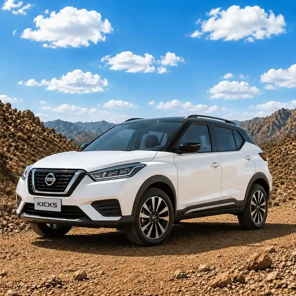 Compact white Nissan Kicks SUV featuring nissan running boards against a scenic mountain and blue sky backdrop.