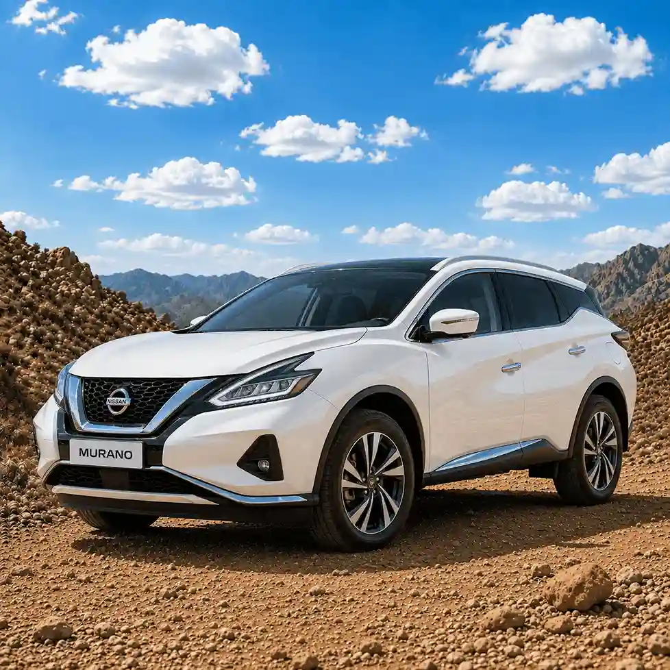 Elegant white Nissan Murano crossover vehicle featuring sleek nissan running boards parked in a mountainous landscape.