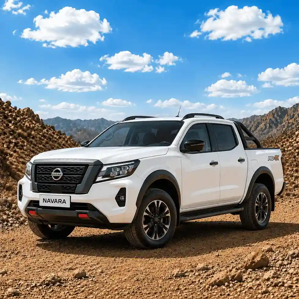 White Nissan Navara pickup truck with rugged nissan running boards and black alloy wheels in a dry off-road environment.