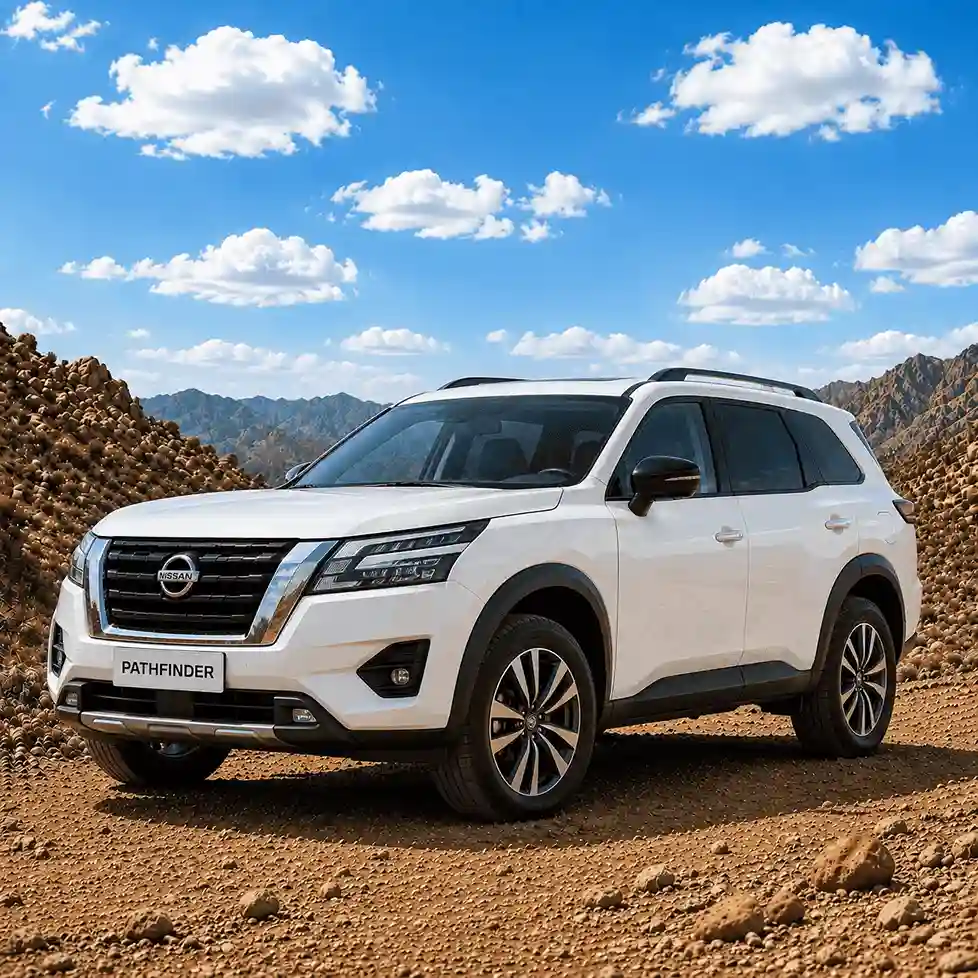 White Nissan Pathfinder mid-size SUV showing its side profile and chrome nissan running boards under a bright blue sky.