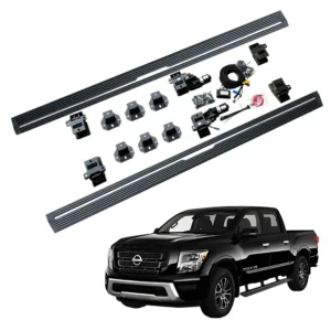 Complete assembly kit and mounting hardware for motorized nissan titan running boards displayed with a black pickup truck.