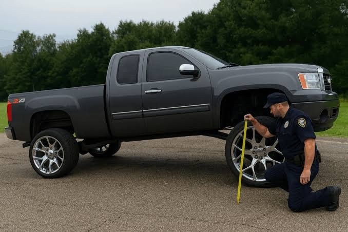 A police officer kneeling on the ground using a yellow tape measure to inspect the front height of a black "squatted truck" pickup, with a backdrop of green trees.