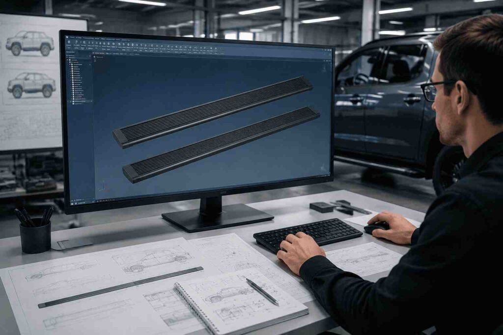 Engineer designing 3D CAD CAD models for customized power running boards