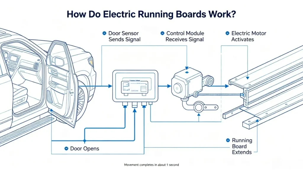 Power running boards schematic showing the signal flow: door sensor triggers control module, activating the motor to extend the side step in about 1 second.