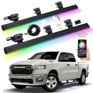 Smart phone app controlled electric ram 1500 running boards with customizable RGB dynamic lighting