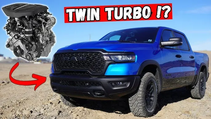 A blue Ram 1500 off-road pickup truck in the desert with a twin turbo engine graphic, highlighting its powerful ram 1500 towing capacity.