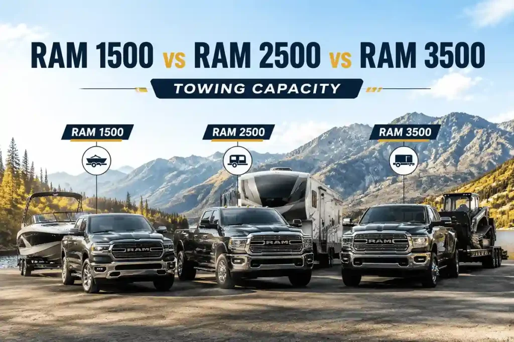 A comparison image of three Ram trucks towing a boat, RV, and heavy machinery in the mountains, highlighting the impressive ram 1500 towing capacity.