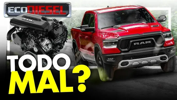 A red Ram 1500 truck driving on a dirt road with an EcoDiesel engine graphic on the left, discussing its ram 1500 towing capacity.