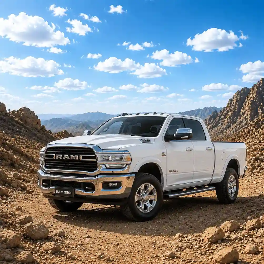 White RAM 2500 heavy duty truck equipped with custom ram running boards