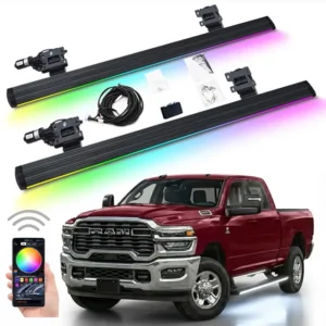 Ram 3500 power running boards kit with mounting brackets, wiring harness, and a hand holding a smartphone demonstrating RGB app control