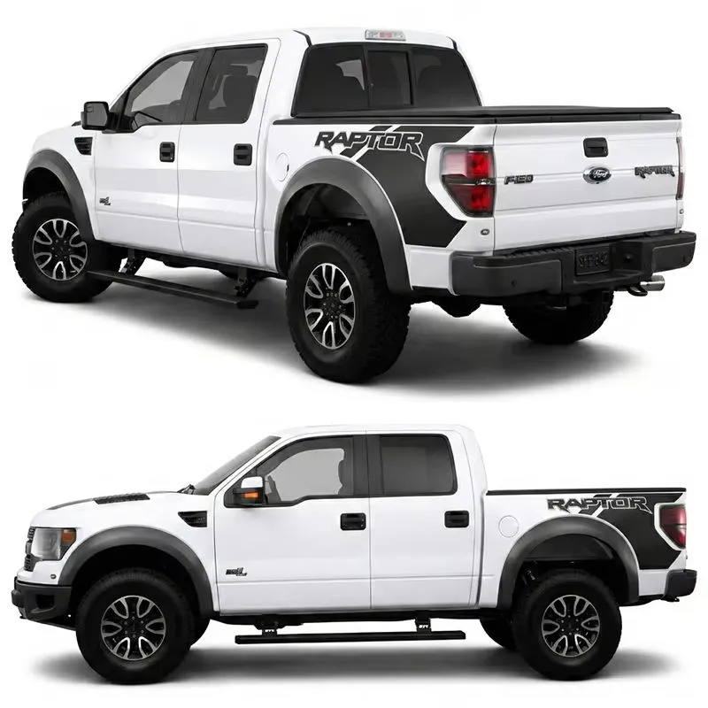 Rear and side angles of a white truck showing the operation and placement of ford f150 running boards.