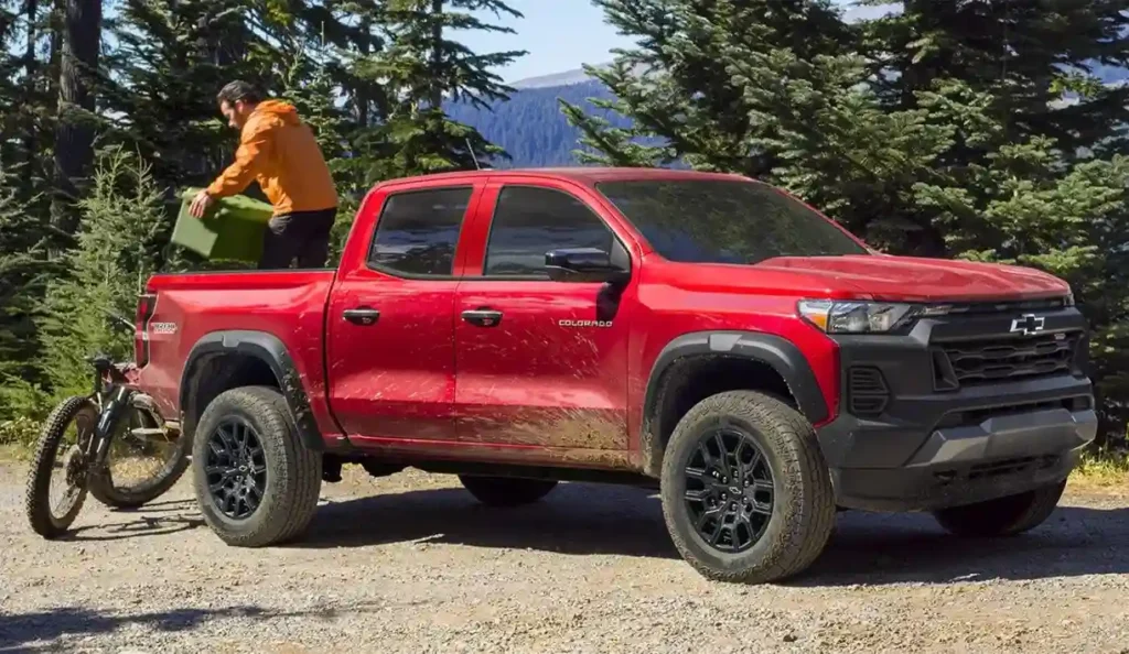 Red Chevy Colorado truck, highlighting chevy colorado towing capacity.