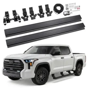Complete hardware kit and installed view of the power retractable running board for Tundra TRD Pro on a white Toyota Tundra.