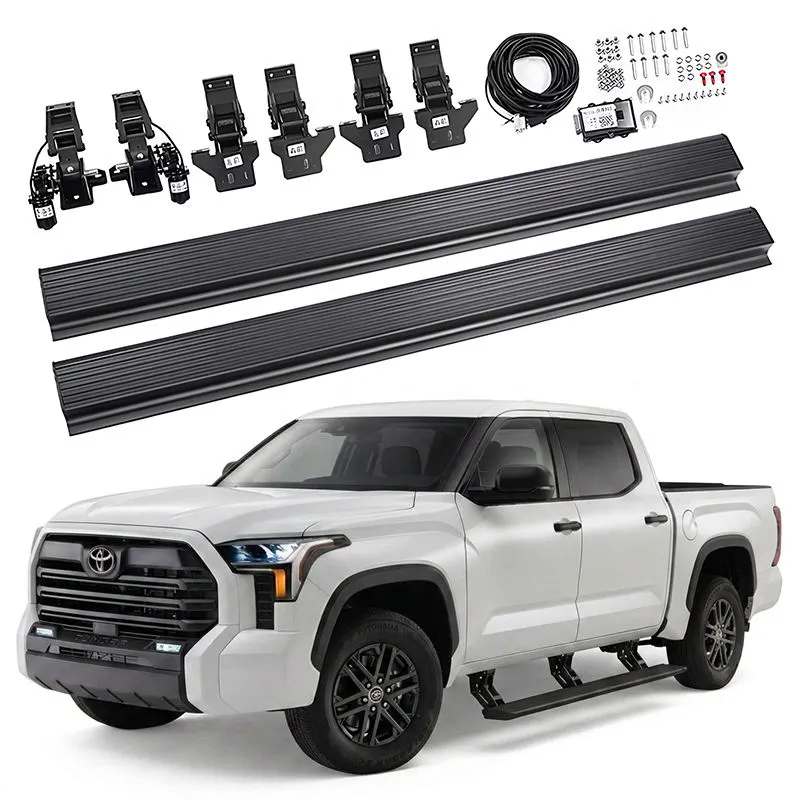 Complete hardware kit and installed view of the power retractable running board for Tundra TRD Pro on a white Toyota Tundra.