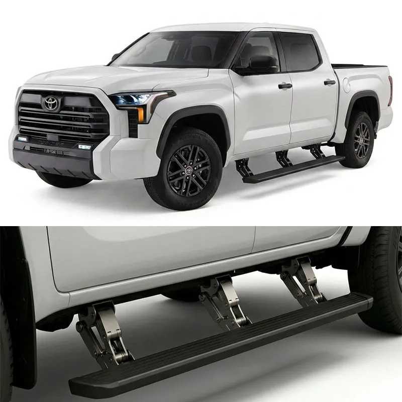 Top image shows the full side profile, while the bottom shows the mechanical brackets of the retractable running board for Tundra TRD Pro in action.