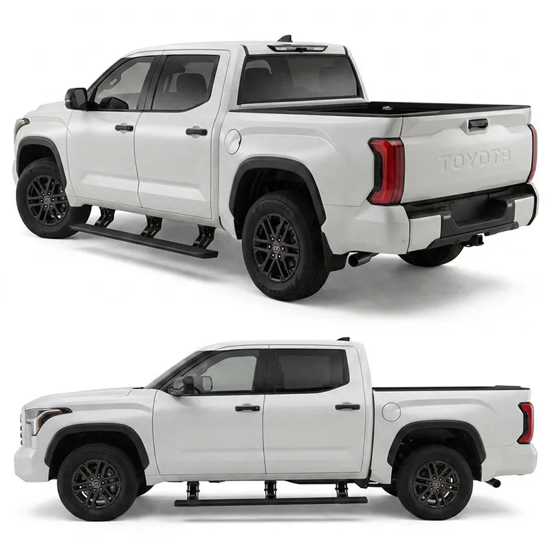 Rear and straight side views of a white pickup truck, illustrating the clean fitment of the retractable running board for Tundra TRD Pro.